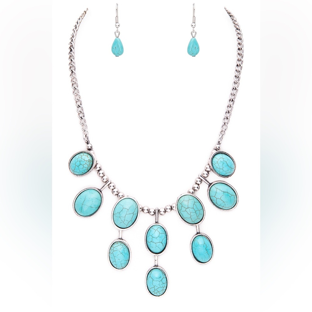 Long Silver & Turquoise Statement Necklace